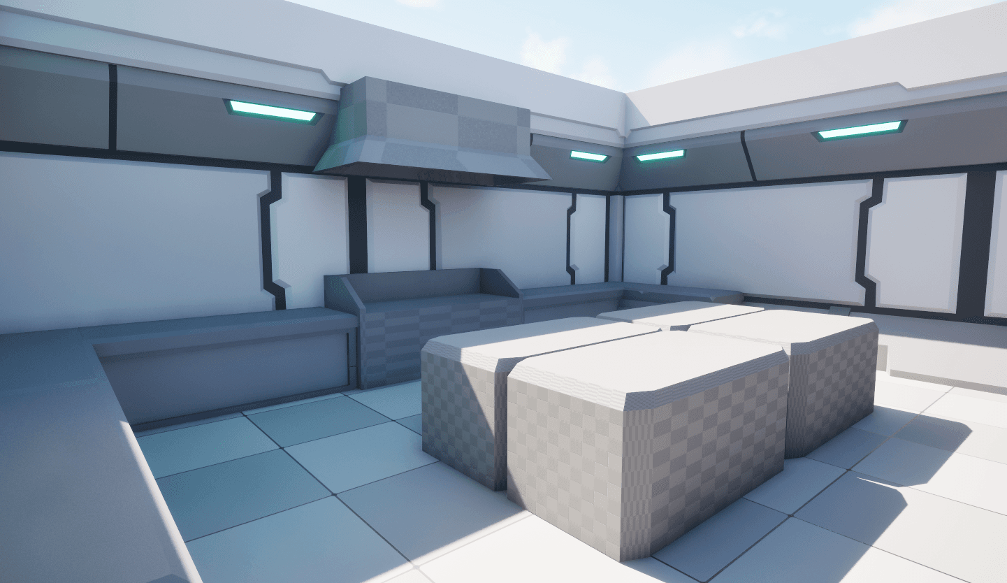 Greybox blockout of the ship kitchen in Unreal Engine 5, untextured grey geometry with teal strip lighting