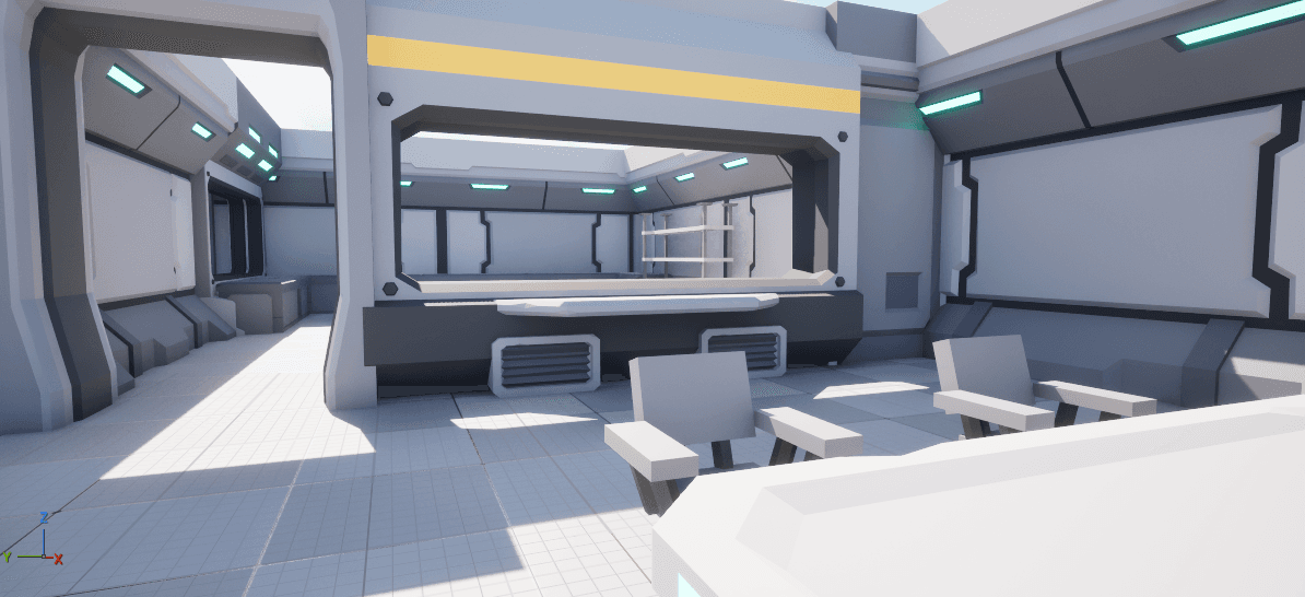 Greybox blockout of a spaceship mess hall in Unreal Engine 5: untextured grey walls and floor tiles, a serving counter, benches and tables, teal strip lights along the ceiling and a yellow accent band