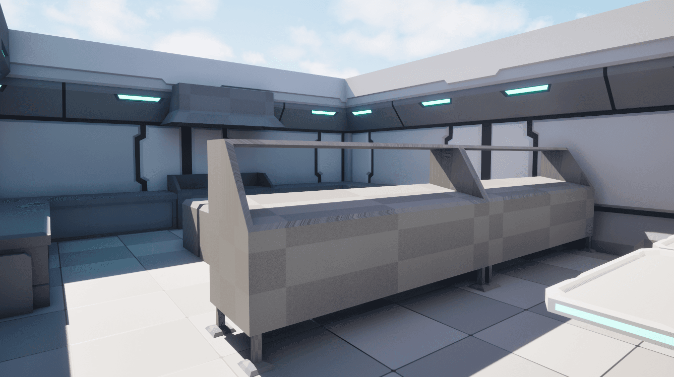 Greybox blockout of a ship kitchen serving line: counters with sneeze guards, an extractor hood and teal strip lights, all untextured