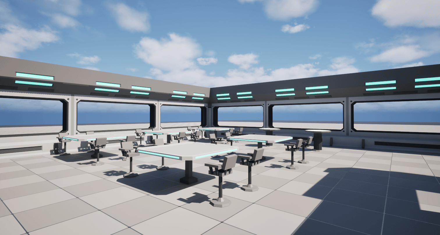 Greybox blockout of the ship kitchen in Unreal Engine 5, untextured grey geometry with teal strip lighting