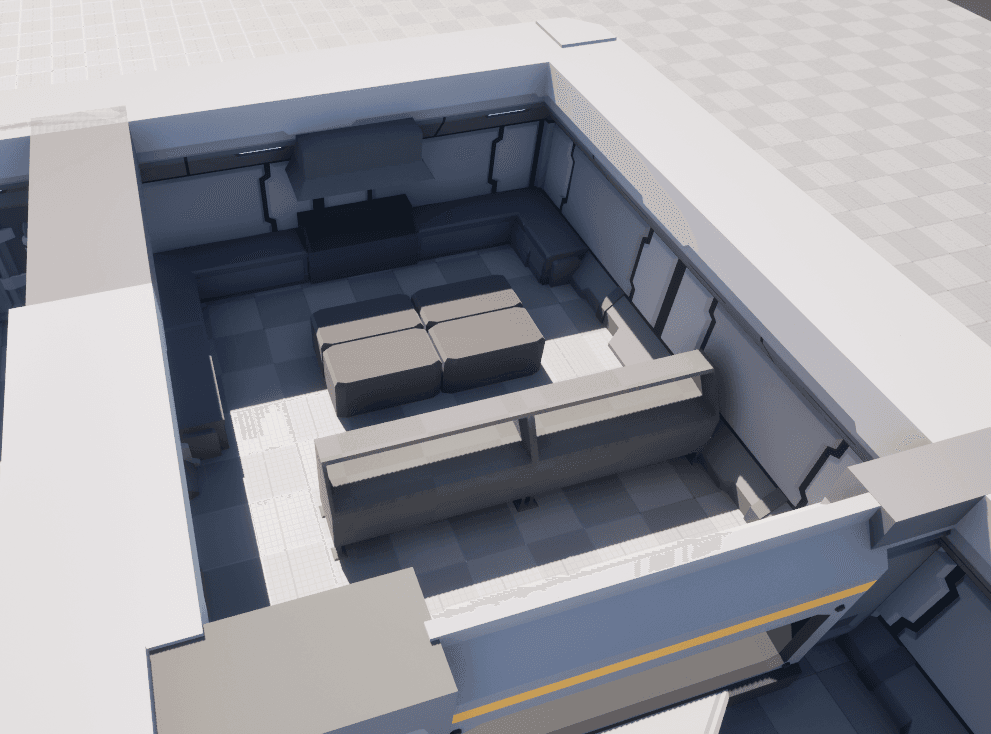 Greybox blockout of the ship interior in Unreal Engine 5, untextured grey geometry