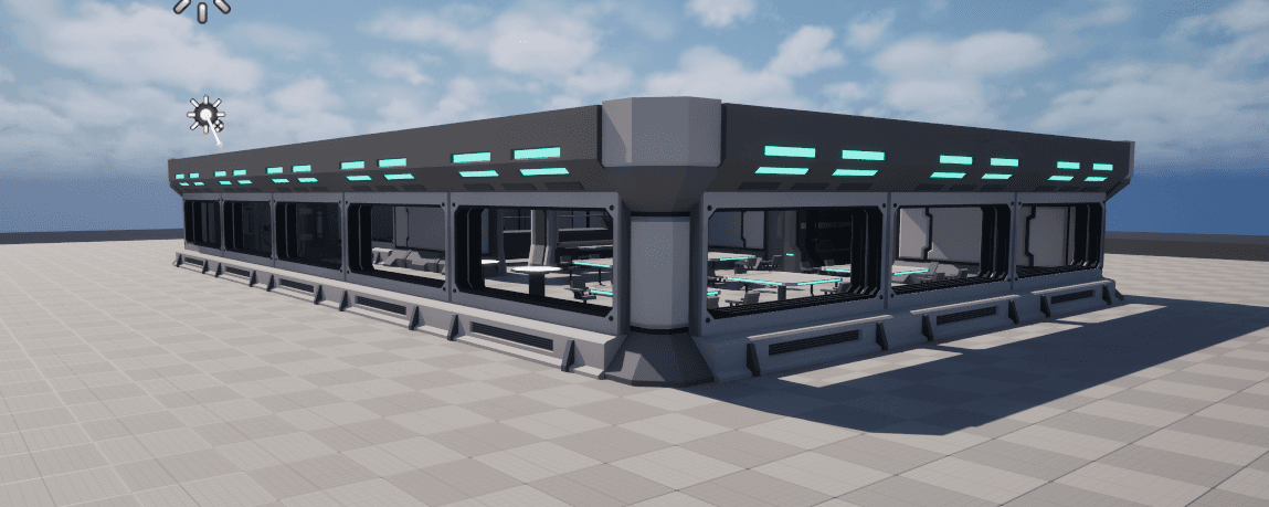 Greybox blockout of the ship interior in Unreal Engine 5, untextured grey geometry