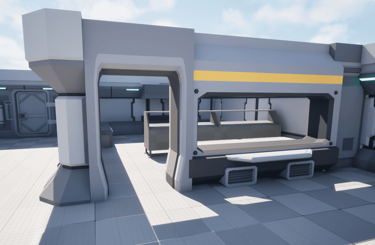 Greybox blockout of the ship interior in Unreal Engine 5, untextured grey geometry