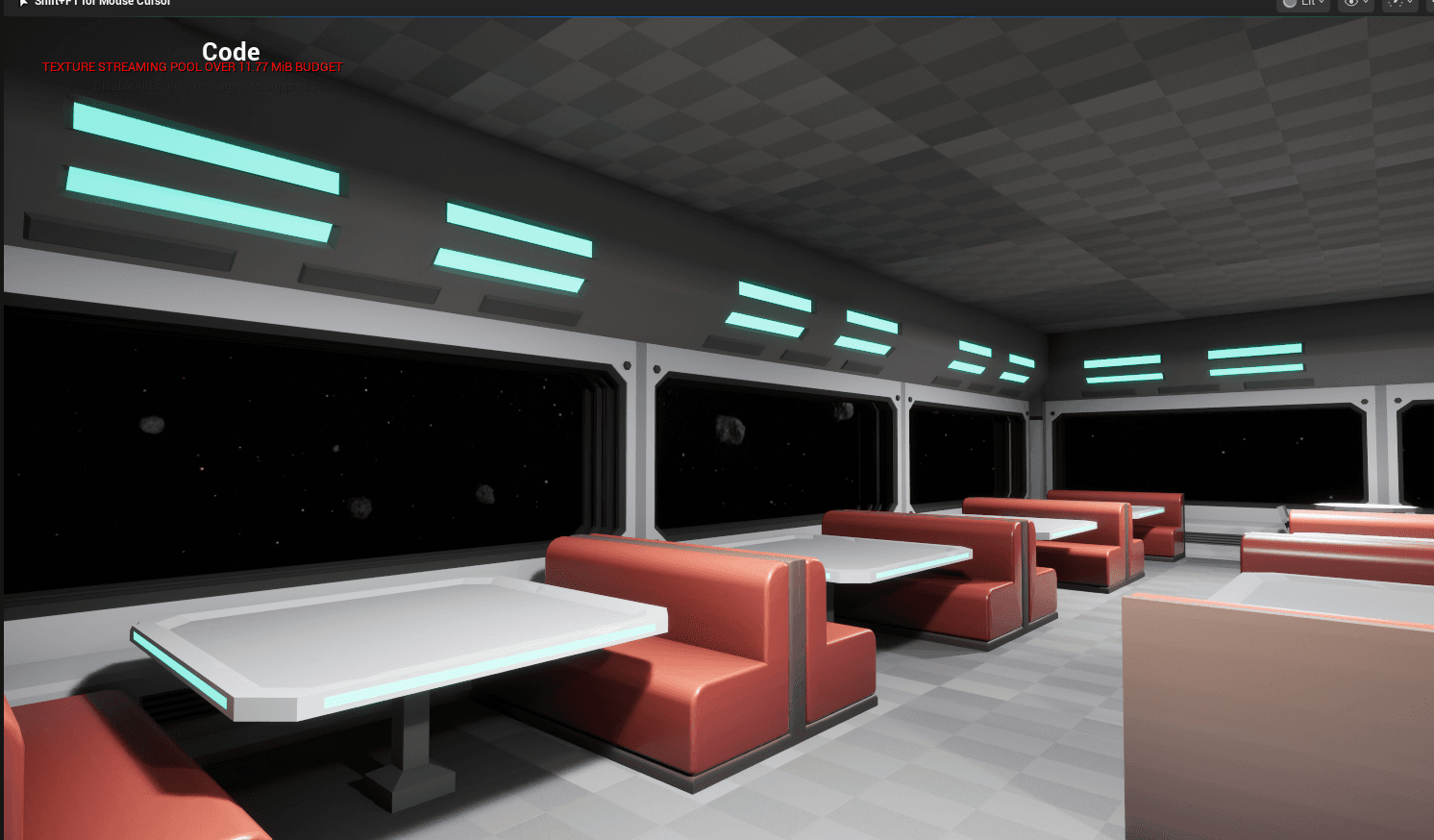 In-engine work in progress: the diner interior with space through the windows