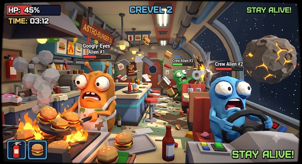 Concept art: the crew cooking, steering and repairing at the same time