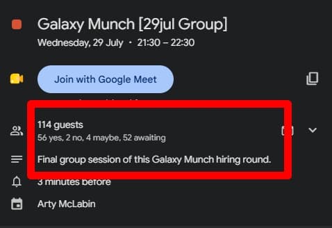 Calendar invite for the final Galaxy Munch group session: 114 guests, 56 yes