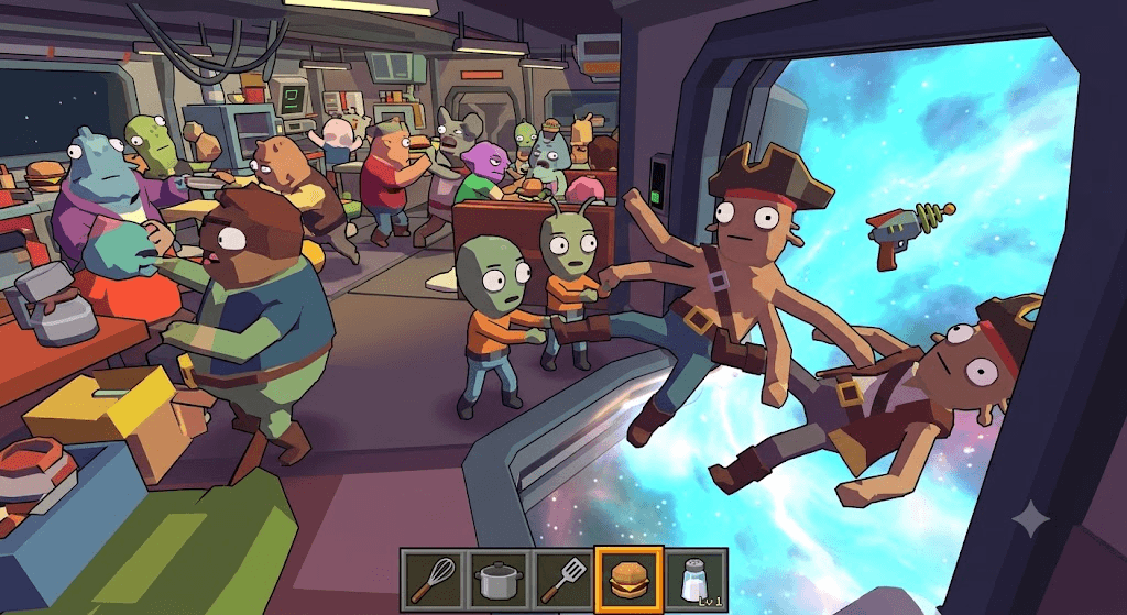 Concept art: the crew throwing a pirate out the airlock